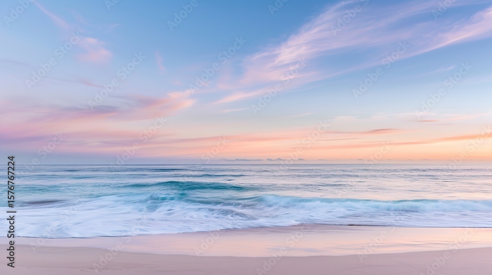 Naklejka premium Soft pastel sunset painting the sky over a calm ocean beach, with gentle waves lapping the shore. The sky blends hues of pink, blue, and purple, while the water mirrors the serene colors,