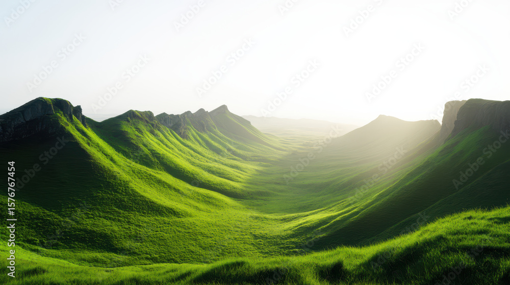 Fototapeta premium Lush green valley surrounded by high mountains under bright sunlight creating peaceful natural scene