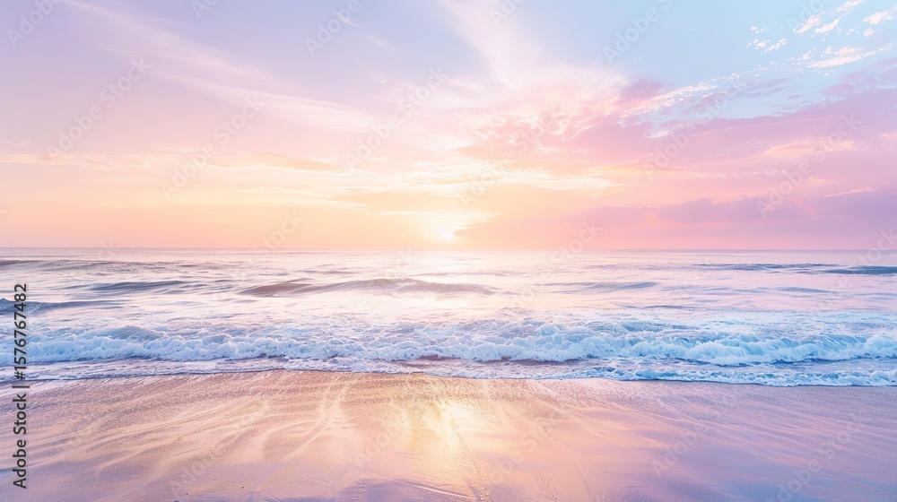 Fototapeta premium Soft pastel sunset painting the sky over a calm ocean beach, with gentle waves lapping the shore. The sky blends hues of pink, blue, and purple, while the water mirrors the serene colors, 