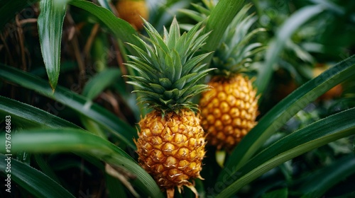 Close-up of ripe pineapples on plant, surrounded by sharp green leaves.