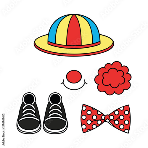 Clown Costume Elements Pack — Wig, Nose, Shoes, Hat, Bowtie