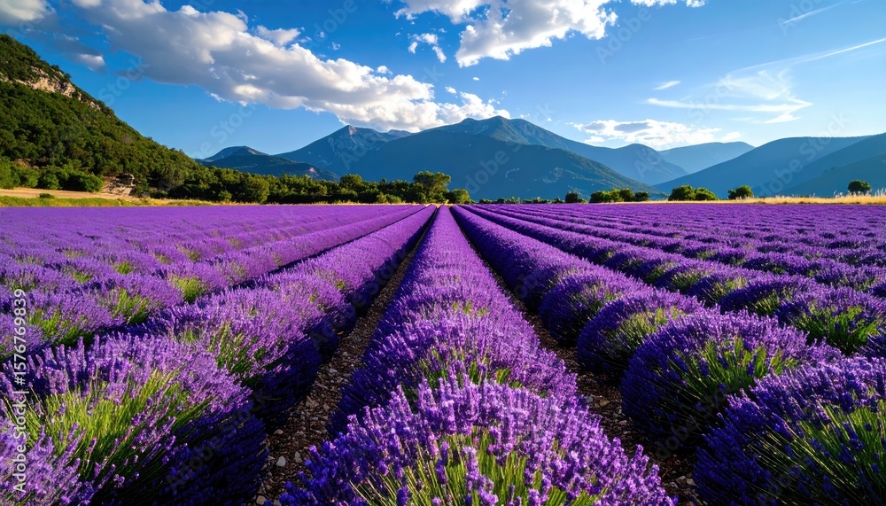 Naklejka premium Lavender field under a vibrant blue sky