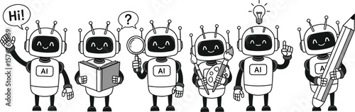 Six ai robots doing different activities on a white background line art