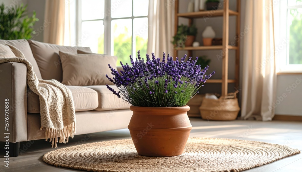 Fototapeta premium Lavender plant in terracotta pot, living room