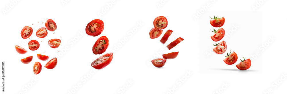 Fototapeta premium Three tomatoes in various positions against a transparent background
