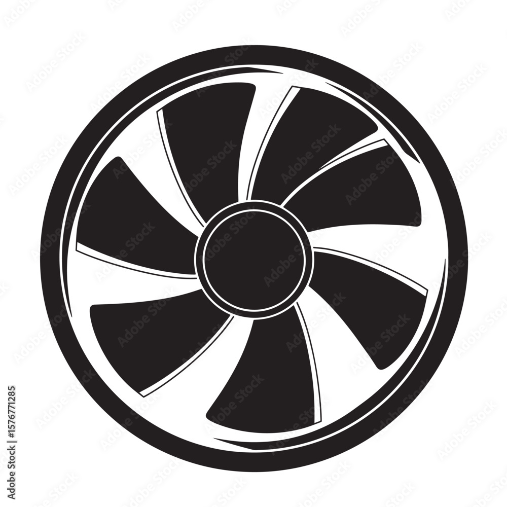 Black and white illustration of a computer fan with seven blades for cooling systems Black and white illustration of a computer fan with seven blades for cooling systems