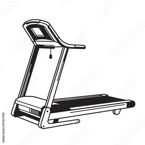 Black and white illustration of a modern treadmill machine for fitness and exercise