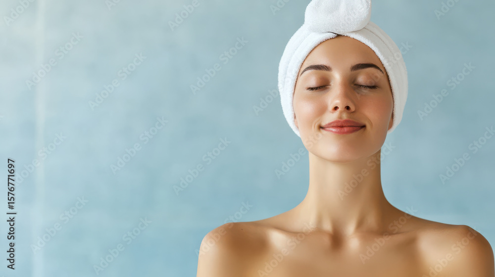 Serene close up of smiling young woman with white towel wrapped around her head enjoying peaceful moment Serene close up of smiling young woman with white towel wrapped around her head enjoying peaceful moment