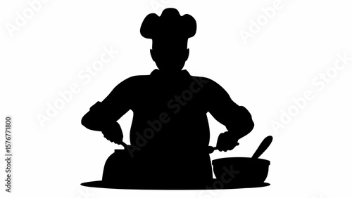 Silhouette of a chef with a toque preparing food in a bowl using a spoon and another utensil in a kitchen