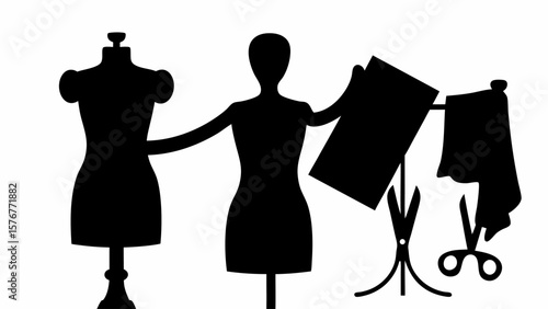 Silhouette of a tailor with a mannequin fabric and scissors in a sewing or fashion design studio