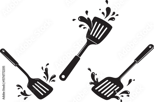 Black slotted spatula kitchen utensil silhouette for cooking and food preparation