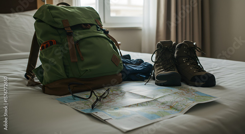 Vacation preparation with hiking gear on a hotel bed.







