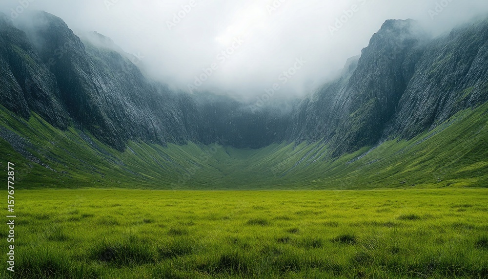 Fototapeta premium A green meadow lies between misty mountains in a vast and peaceful valley. Ideal for backgrounds or illustrations, conveying peace or a sense of adventure.