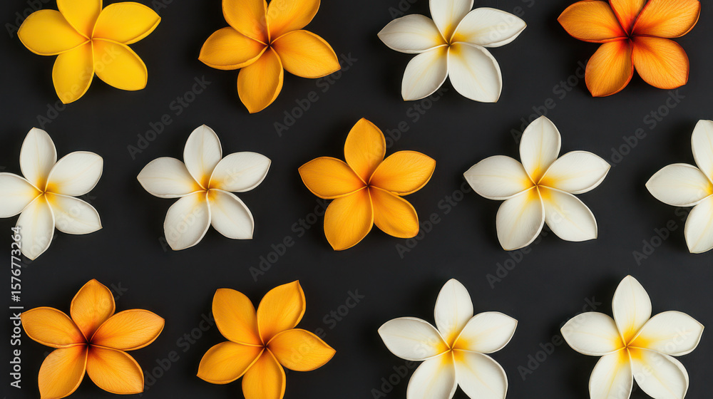 Fototapeta premium Set of artistic plumeria flowers arranged pattern with white, yellow, and orange petals black background creating vibrant