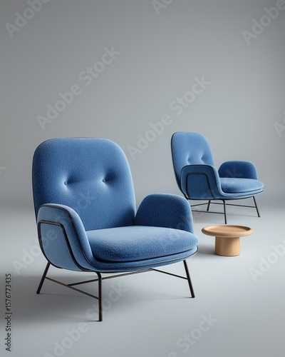Two blue chairs with metal frames, one chair is on the right and another is in front of it, minimalist design, light background, product photography 