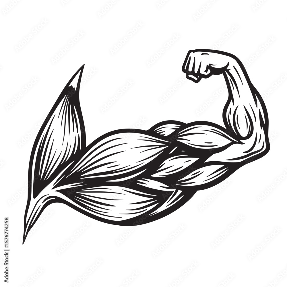 Fototapeta premium Muscular bicep arm graphic showing power strength and fitness isolated on white background