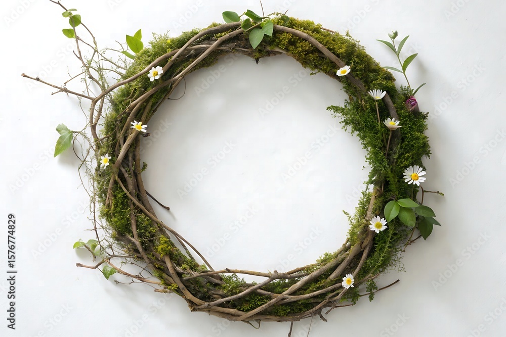 Fototapeta premium Circular tree branch wreath with moss and wildflowers on white background