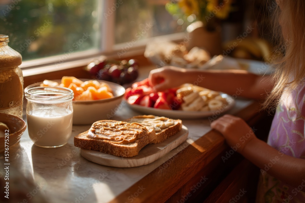 Fototapeta premium Kitchen counter with peanut butter toast, sliced fruit, glass of milk, child's hand reaching for a snack, cozy afternoon light