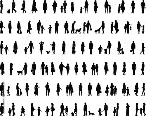 Silhouettes of families, parents, children, and pets walking and interacting in various poses representing daily life, bonding, parenting, and companionship