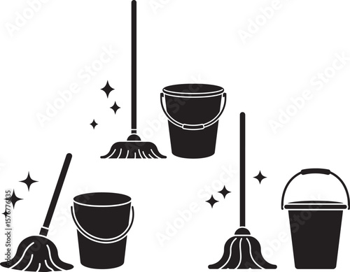 Simple cleaning mop and bucket silhouette for household chores