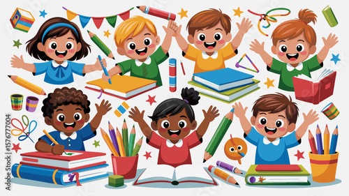 Cheerful children with books and school supplies celebrate education and learning together
