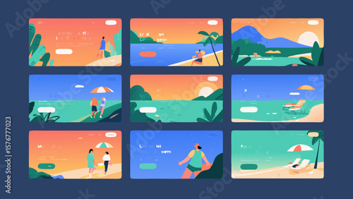Collection of stylized beach landscape illustrations with people enjoying the summer