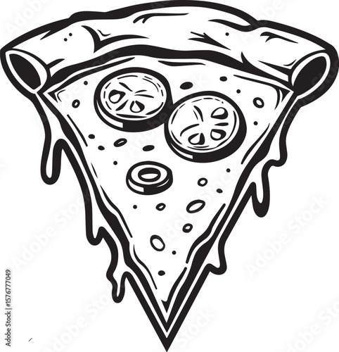 coloring page of simple illustration of a delicious slice of pizza with peperoni isolated on white. Color scheme: black and white with black outline icon black vector illustration