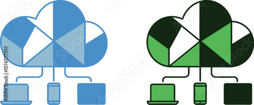 Cloud computing network diagram with laptop smartphone and server for data storage and processing power vector