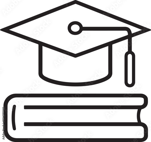 A book and a PhD hat, lineal line icon, black outline, white background, white icon black vector illustration