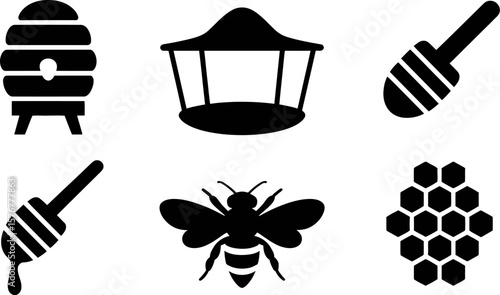 Honeycomb bee vector illustration icon set, apiary, honey dipper, natural honey, bee house, honey farm vector