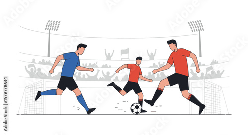 Dynamic Soccer Match: Players in Action, Stadium Backdrop