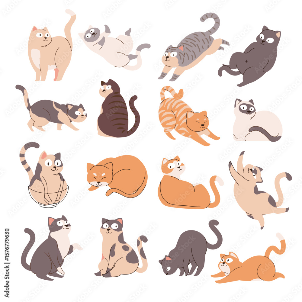 Fototapeta premium Set of Cute cartoon cats in various poses collection. vector illustration playful, sleeping, and stretching cats. Perfect for kids design, stickers, cards, and pet-themed content.