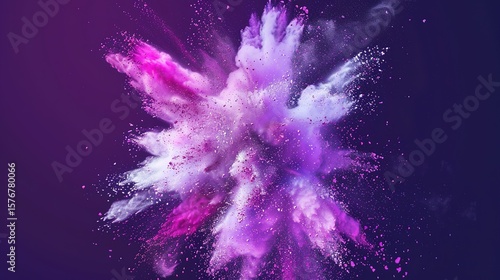 A vibrant explosion of pastel - colored powder against a deep purple background, creating a dynamic and eye - catching visual. The pastel hues of the powder, including soft pinks, blues, and yellows, 