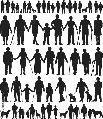 Diverse multigenerational family silhouettes with children, adults, seniors, and pets in walking and standing poses, symbolizing care, unity, and connection