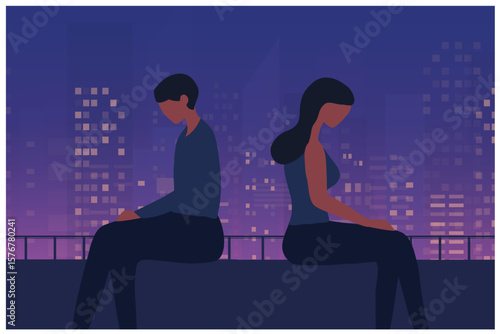 Depressed couple sitting back to back in the dark room. Depression, Intimate, quarrel, conflict, married or sexual problems in couple vector illustration 