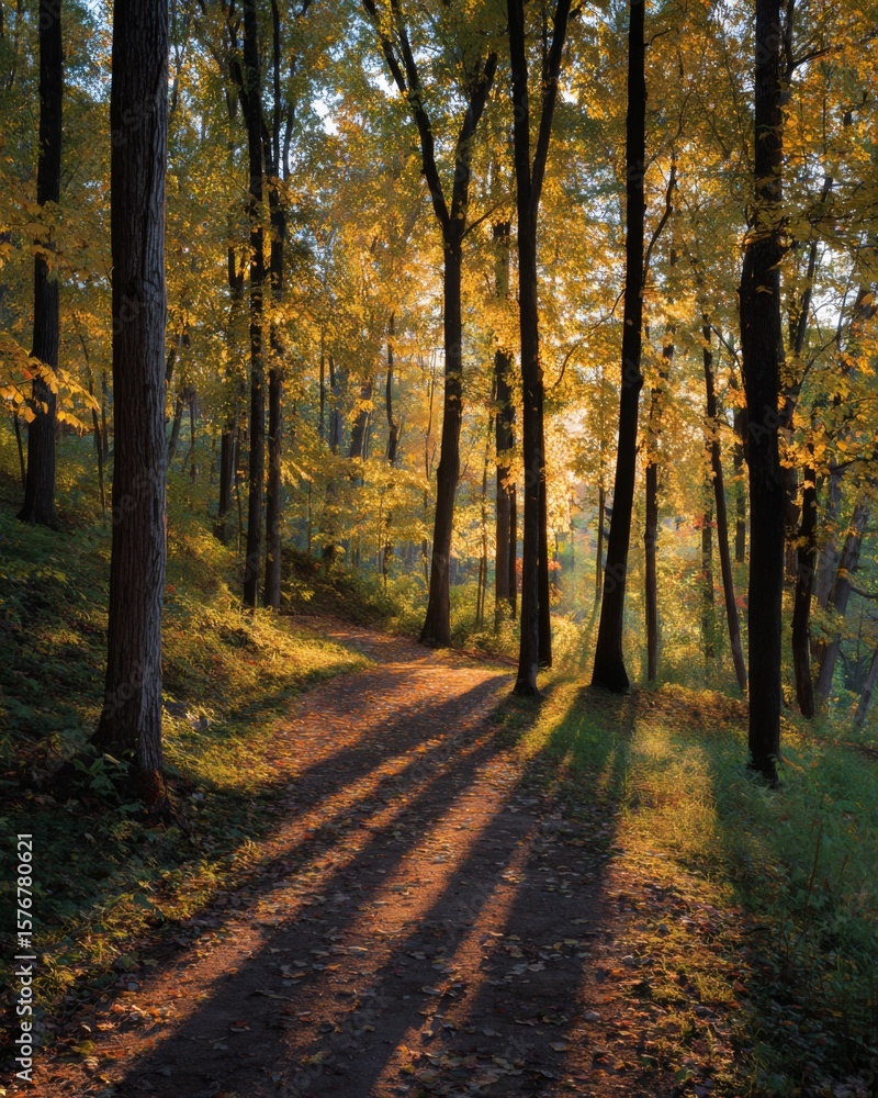 Obraz premium Golden-leaved trees casting long shadows across a peaceful walking trail in late afternoon light.