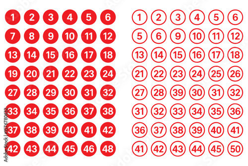 Set of 1 to 50 numbers simple design isolated. Typography set of rounds 1 to 50 Numbers. Bullet point number icons collection. Numeral typographic line and flat icons set. Vector illustration