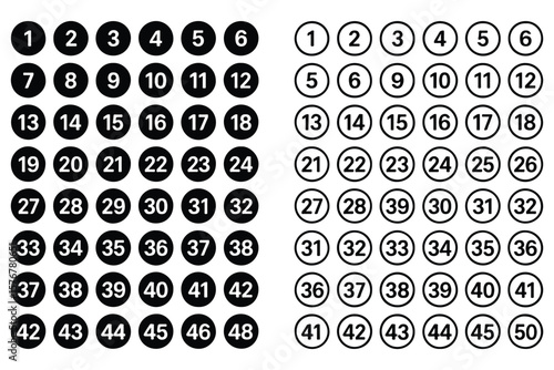 Set of 1 to 50 numbers simple design isolated. Typography set of rounds 1 to 50 Numbers. Bullet point number icons collection. Numeral typographic line and flat icons set. Vector illustration
