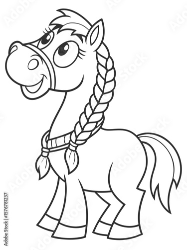 A sweet cartoon horse with a braided mane and gentle eyes. Simple outline drawing, perfect for farm animal coloring books