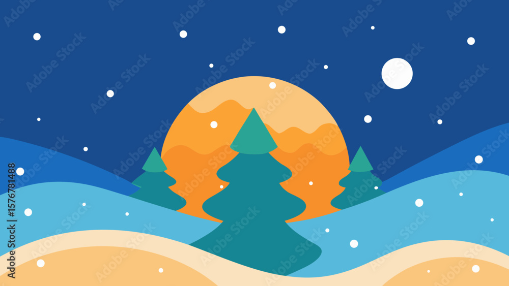 Fototapeta premium Winter Solstice A Minimalist Landscape Illustration of Snow, Trees, and a Setting Sun