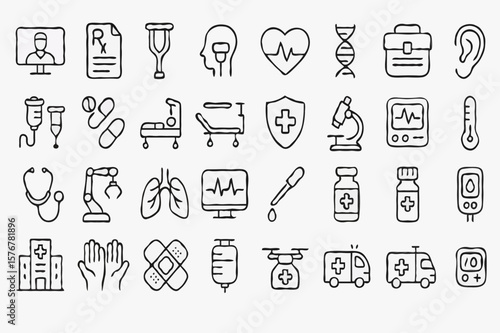 Discover a comprehensive set of 30+ medical and healthcare icons, perfect for apps, websites, and presentations. This vector collection includes symbols like stethoscope, heart, DNA, ambulance, and mo