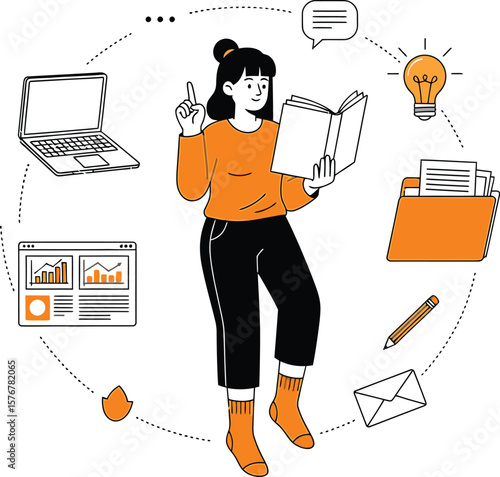 Woman reading book surrounded by tech icons on a white background art