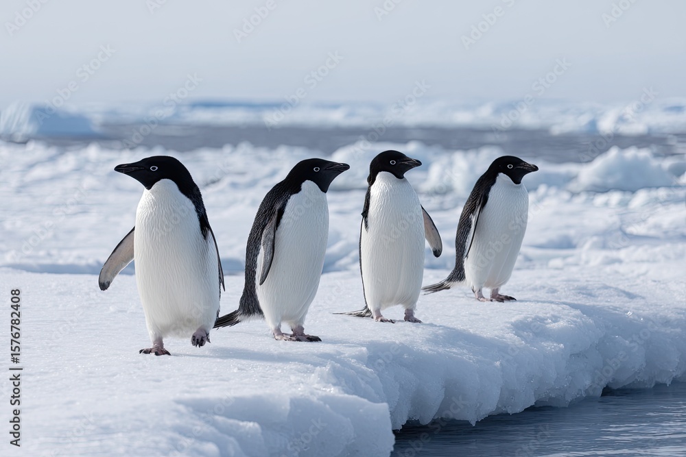 Obraz premium A family of penguins waddling across an icy landscape their black-and-white feathers standing out against the snow and ice