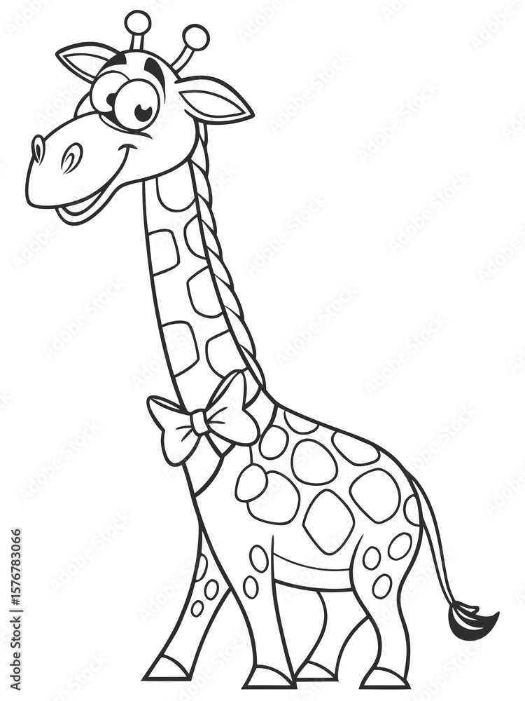 Fototapeta premium A tall, smiling cartoon giraffe wearing a bowtie and blinking one eye. Drawn in black-and-white line art, minimal details, great for young kids to color