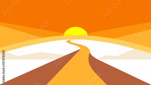 Golden light bathes a desert road winding towards the sun amidst arid sand dunes and a vast, orange-hued sky, inviting summer travel and adventure