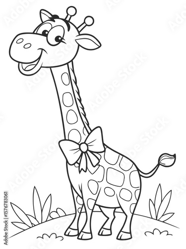 A tall, smiling cartoon giraffe wearing a bowtie and blinking one eye. Drawn in black-and-white line art, minimal details, great for young kids to color
