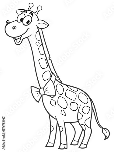 A tall, smiling cartoon giraffe wearing a bowtie and blinking one eye. Drawn in black-and-white line art, minimal details, great for young kids to color
