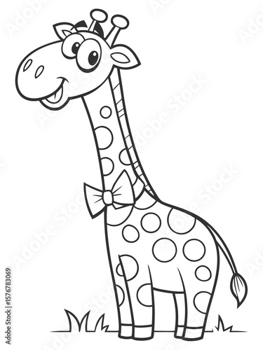 A tall, smiling cartoon giraffe wearing a bowtie and blinking one eye. Drawn in black-and-white line art, minimal details, great for young kids to color
