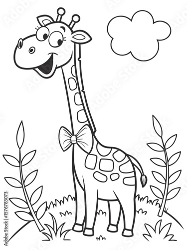 A tall, smiling cartoon giraffe wearing a bowtie and blinking one eye. Drawn in black-and-white line art, minimal details, great for young kids to color