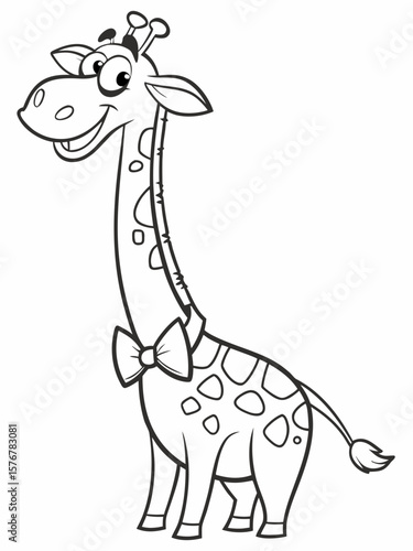A tall, smiling cartoon giraffe wearing a bowtie and blinking one eye. Drawn in black-and-white line art, minimal details, great for young kids to color